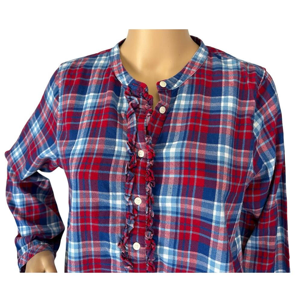 J. Crew Mercantile Ruffle Flannel Shirt Blue Red Plaid J6456 Size M - Picture 6 of 11